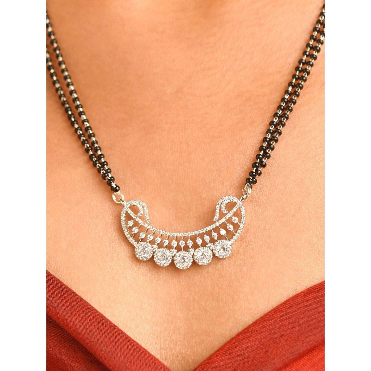 Abdesigns Sophisticated Silver Plated American Diamond Mangalsutra With Pair Of Earrings White