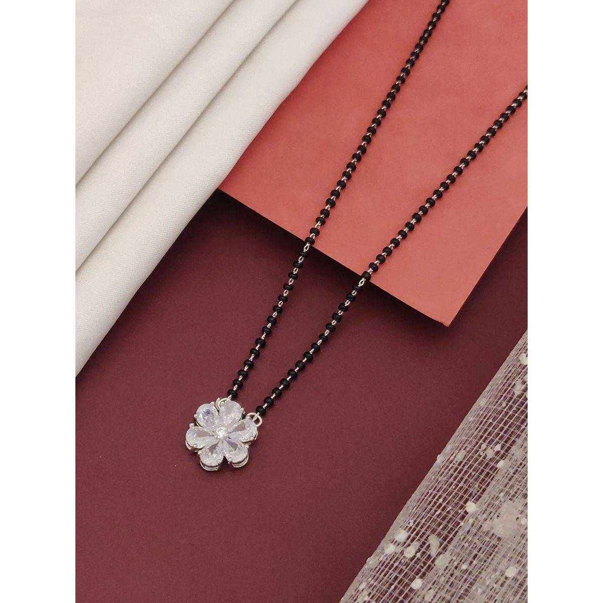 Abdesigns Silver Plated American Diamond Studded And Beaded Mangalsutra