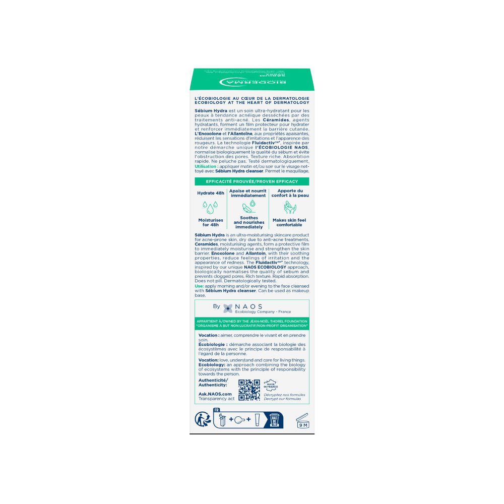 Bioderma Moisturizer Sebium Hydra for Oily, Acne-Prone Skin with Ceramides for 24H Hydration (40ml)