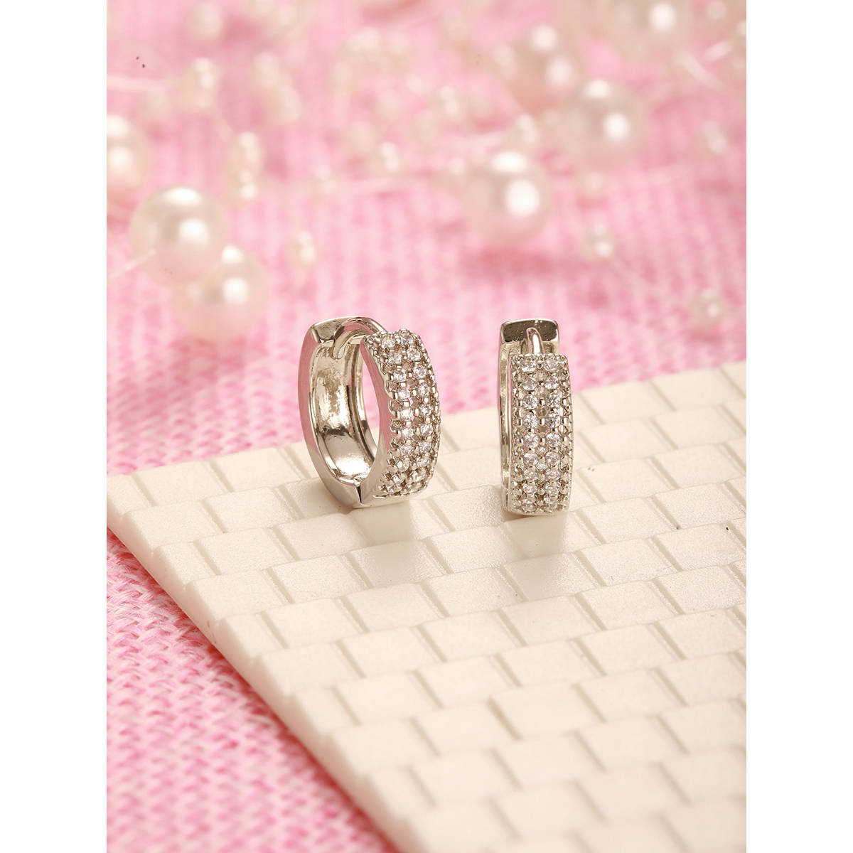 Aatmana Silver-Toned CZ Studded Circular Hoop Earrings