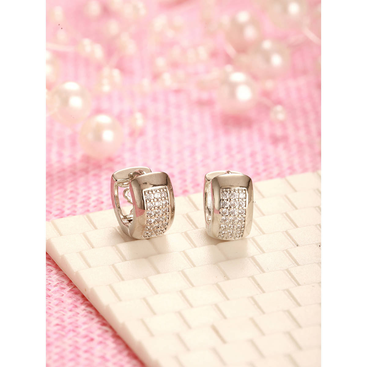 Aatmana Silver-Plated American Diamond Studded Circular Half Hoop Earrings