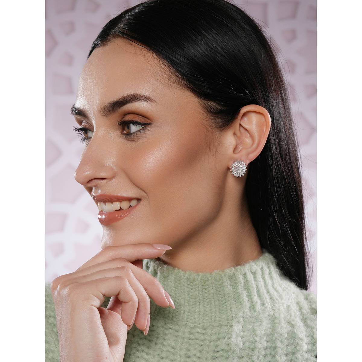 Aatmana Silver Rhodium-Plated CZ-Studded Floral Studs Earrings