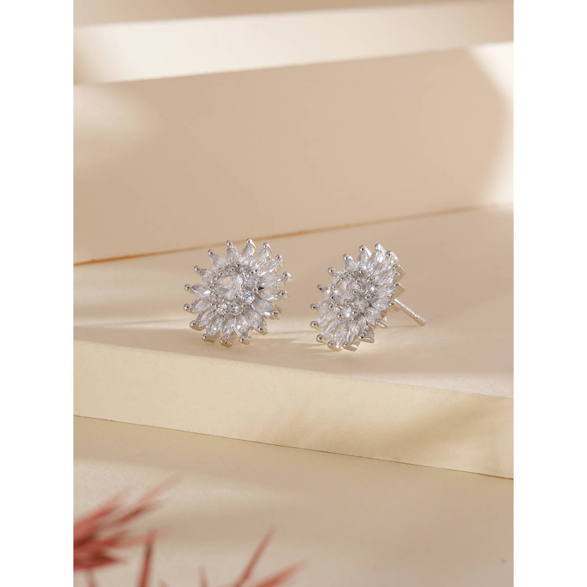 Aatmana Silver Rhodium-Plated CZ-Studded Floral Studs Earrings