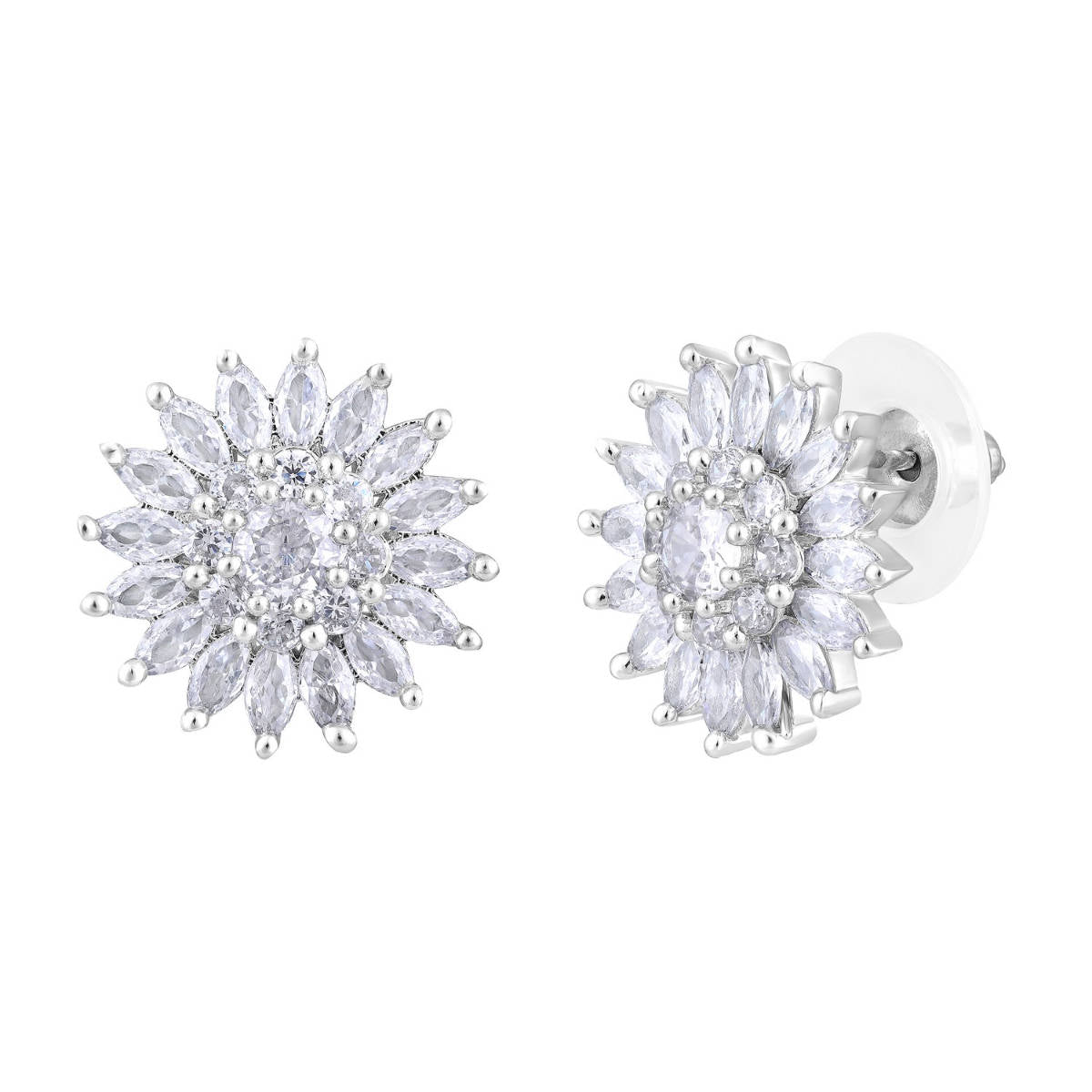 Aatmana Silver Rhodium-Plated CZ-Studded Floral Studs Earrings