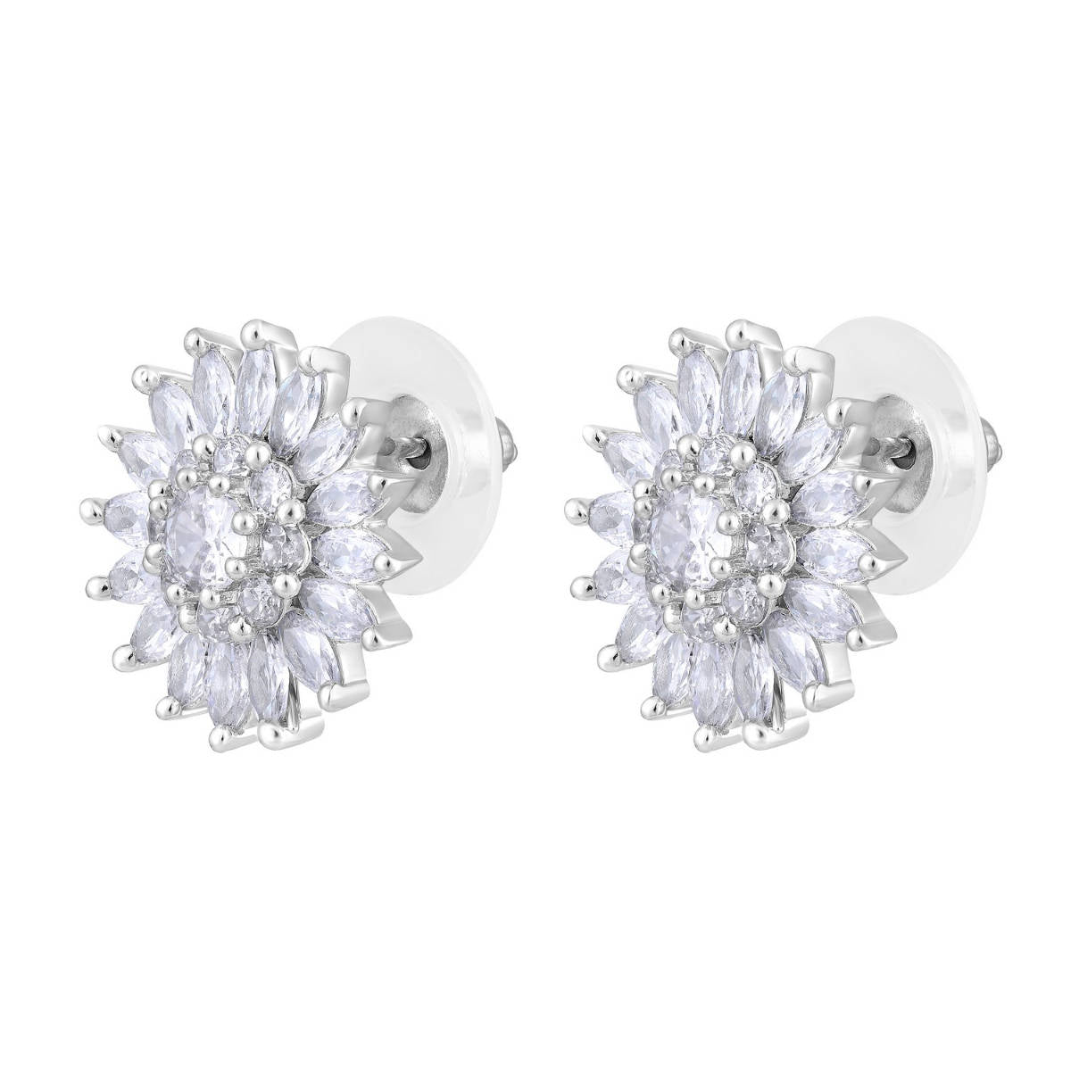 Aatmana Silver Rhodium-Plated CZ-Studded Floral Studs Earrings