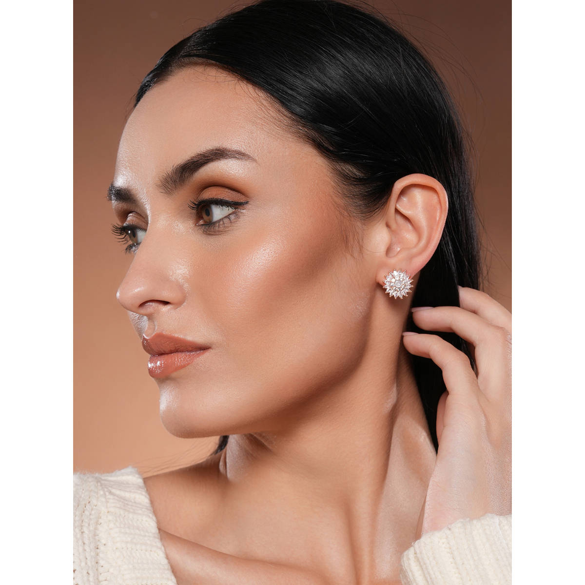 Aatmana Rose Gold Rhodium-Plated CZ-Studded Floral Studs Earrings · One Size