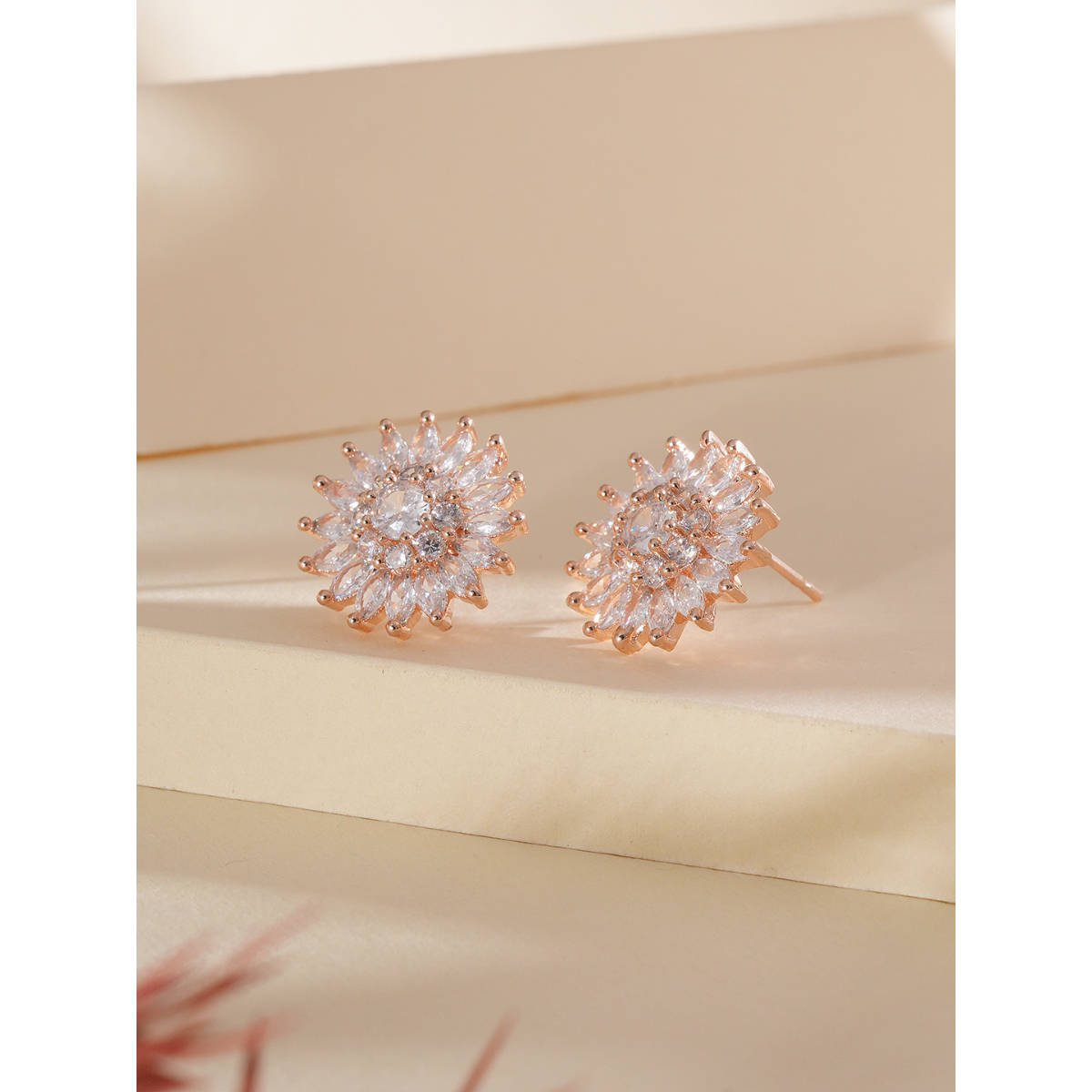 Aatmana Rose Gold Rhodium-Plated CZ-Studded Floral Studs Earrings · One Size