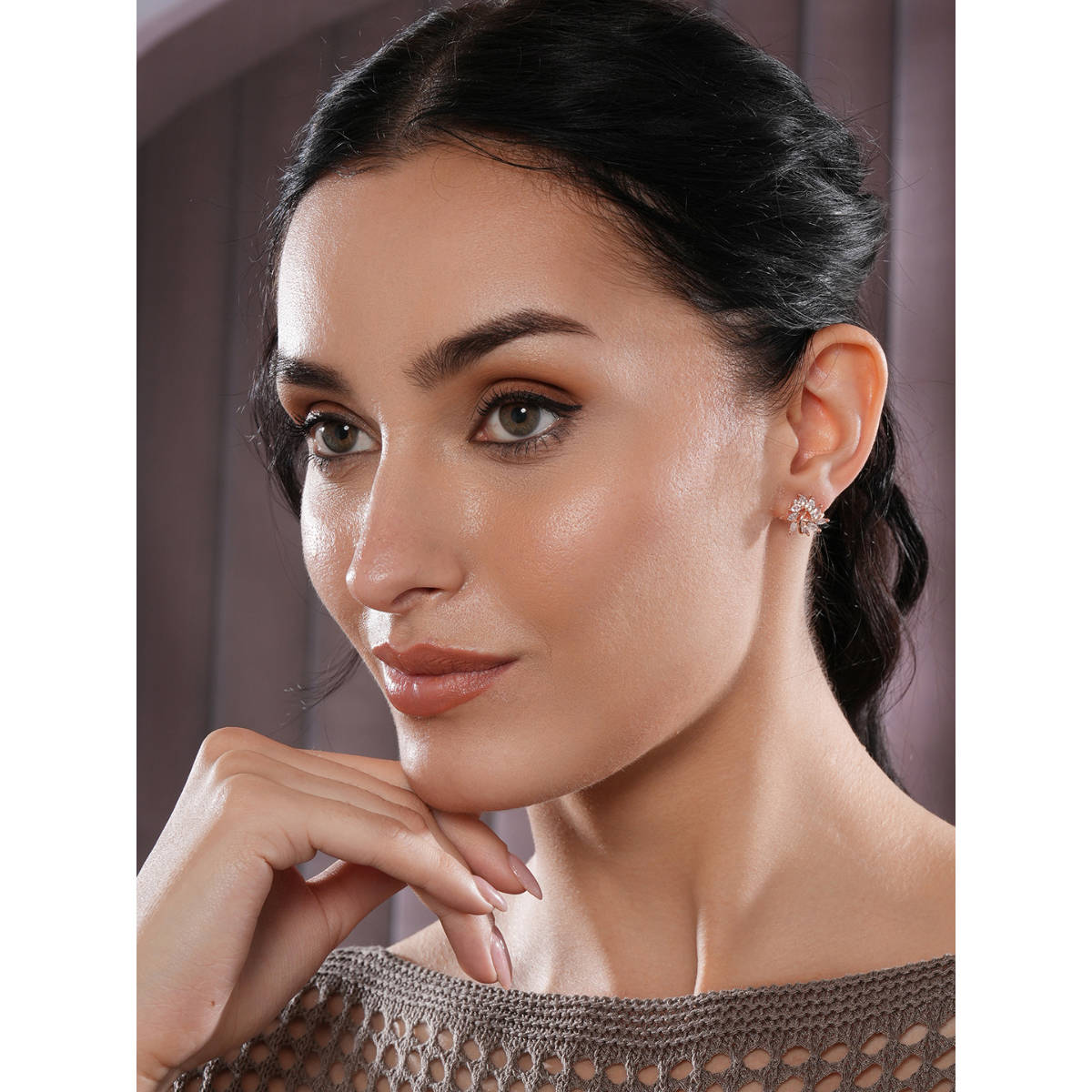 Aatmana Rose Gold-Plated CZ Studded Triangular Floral Studs Earrings · One Size