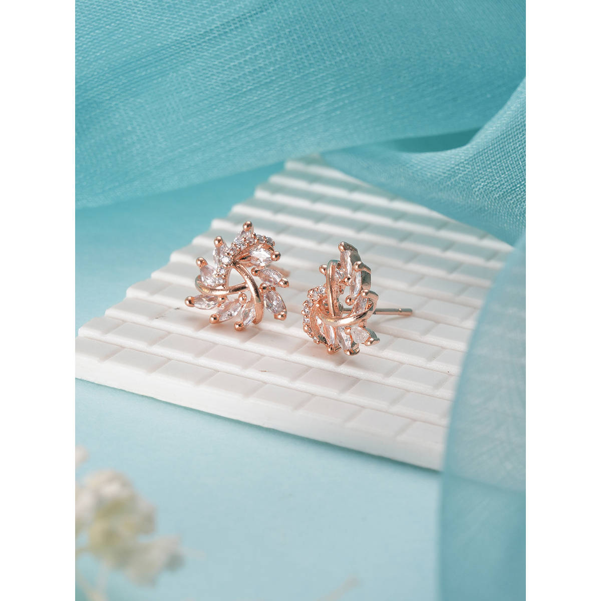 Aatmana Rose Gold-Plated CZ Studded Triangular Floral Studs Earrings
