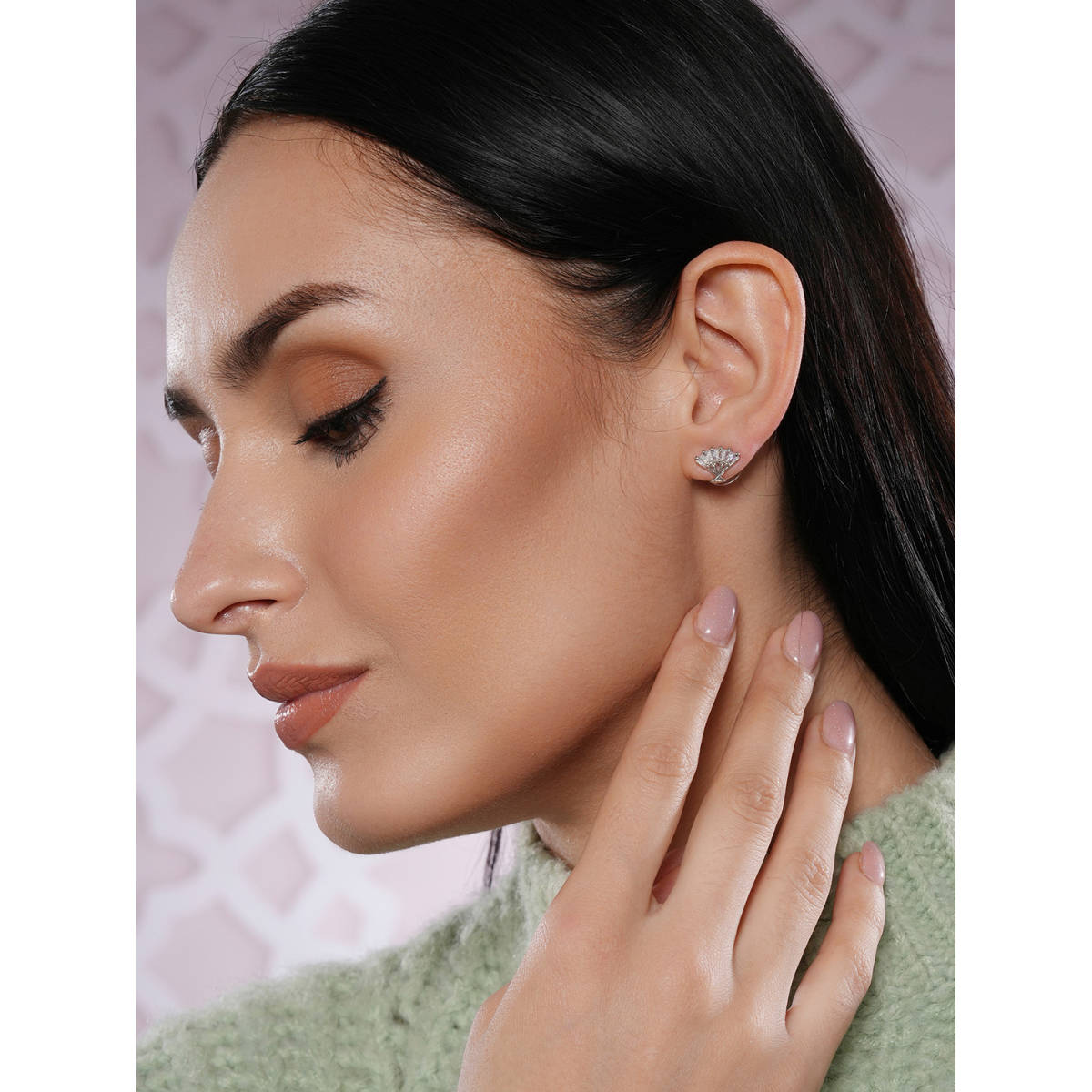 Aatmana Silver-Toned Rhodium-Plated CZ-Studded Fan Shaped Stud Earrings · One Size