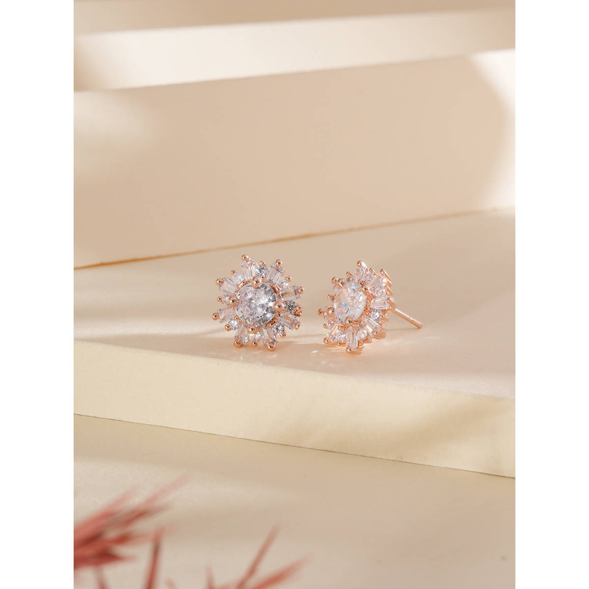 Aatmana Rose Gold-Plated American Diamond Studded Floral Stud Earrings
