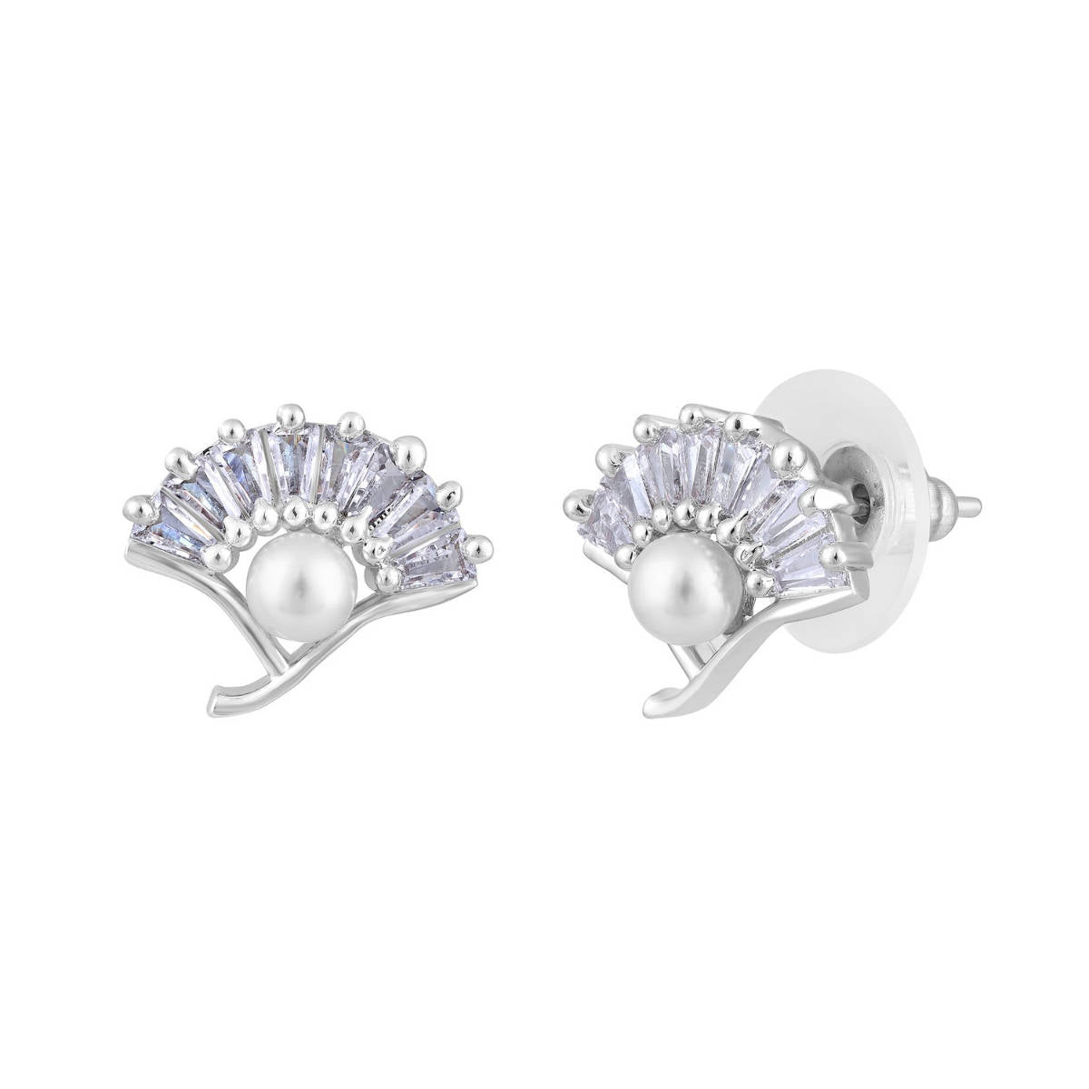 Aatmana Silver Rhodium-Plated Pearl Studded Contemporary Stud Earrings