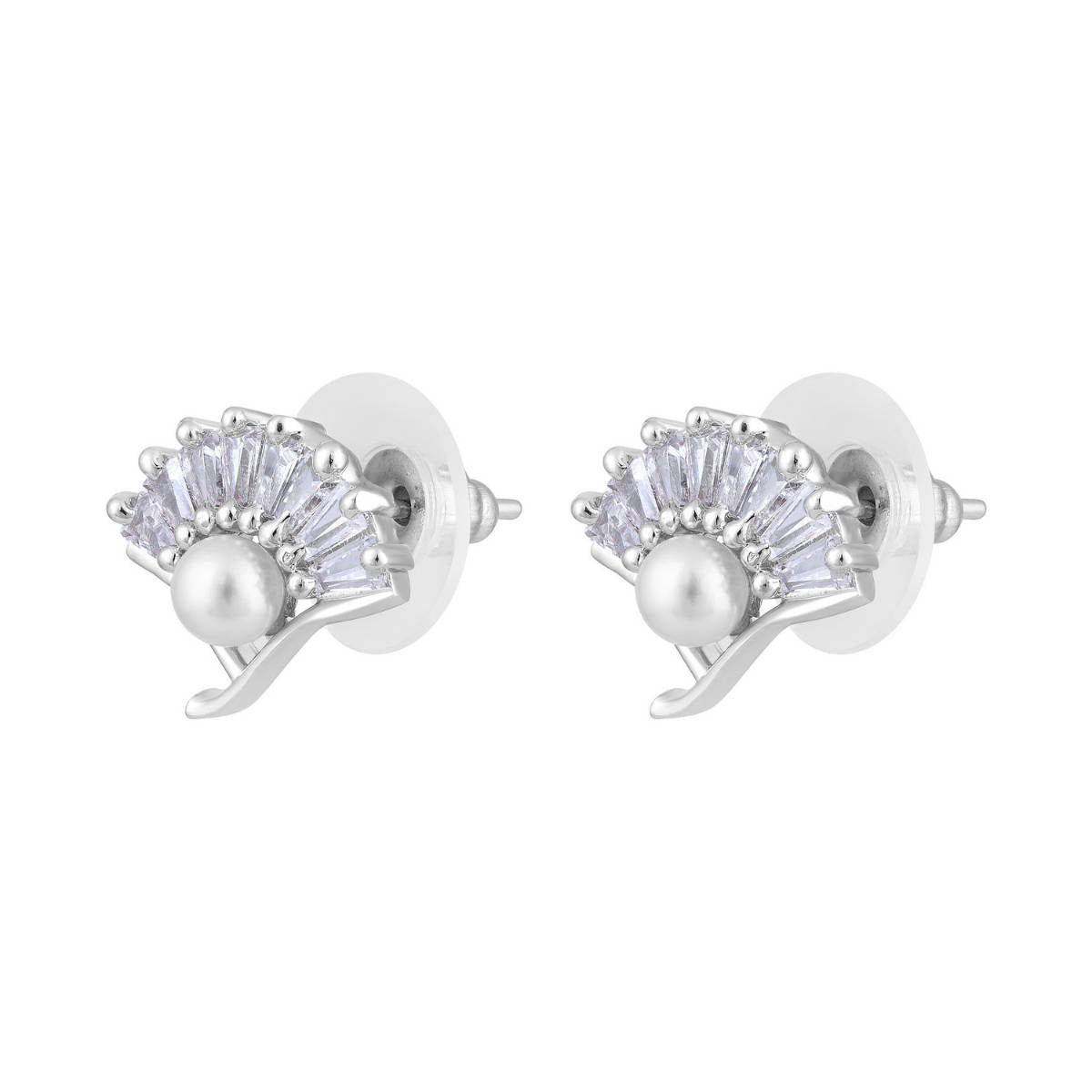 Aatmana Silver Rhodium-Plated Pearl Studded Contemporary Stud Earrings