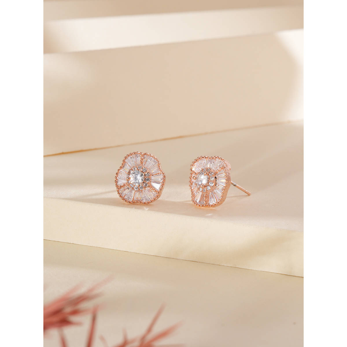 Aatmana Rose Gold-Plated American Diamond Studded Floral Stud Earrings