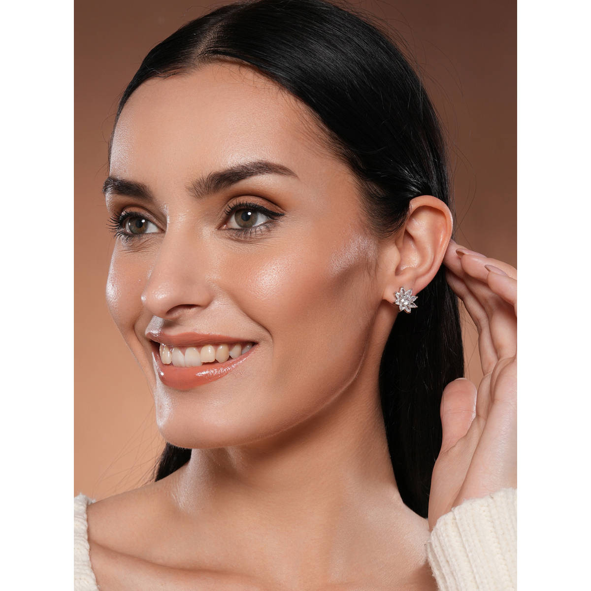 Aatmana Silver-Plated CZ-Studded Floral Studs Earrings