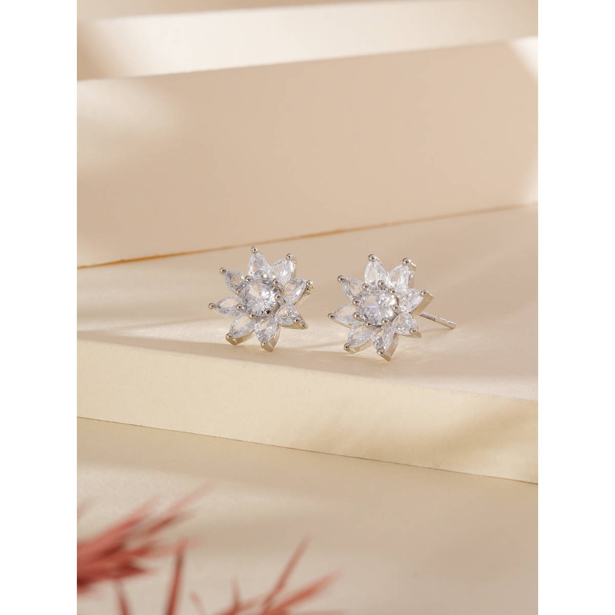 Aatmana Silver-Plated CZ-Studded Floral Studs Earrings