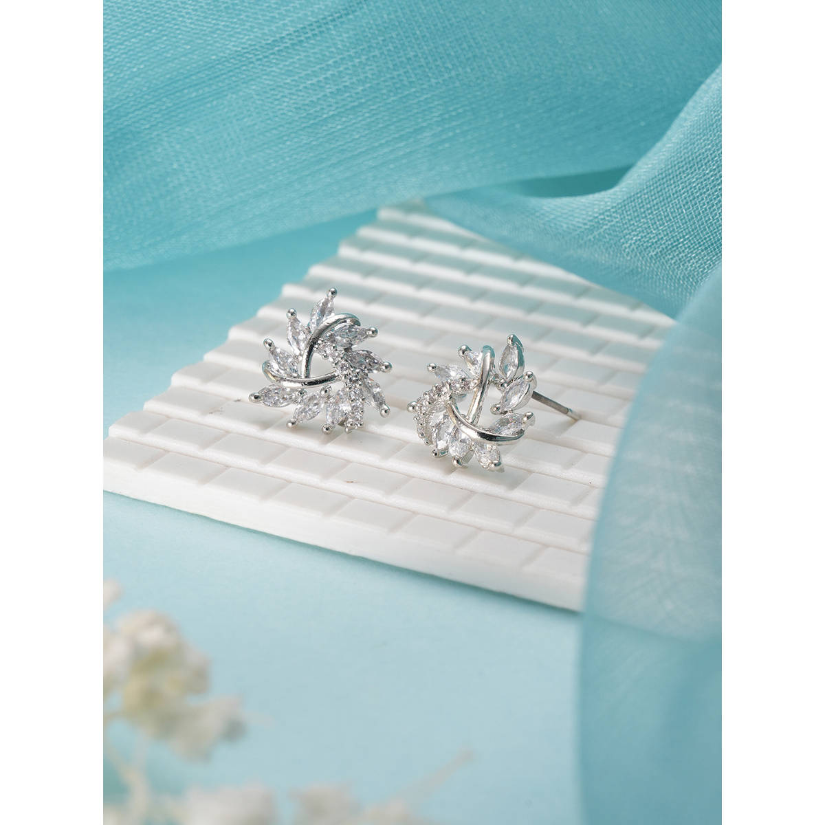 Aatmana Silver-Plated CZ Studded Triangular Floral Studs Earrings · One Size
