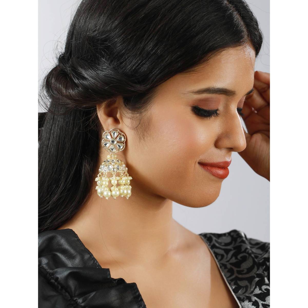 Aatmana Gold Toned and Ad Studded Beaded Contemporary Jhumkas