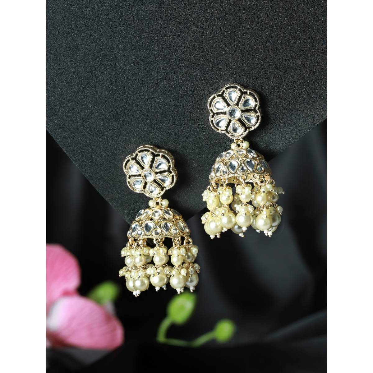 Aatmana Gold Toned and Ad Studded Beaded Contemporary Jhumkas