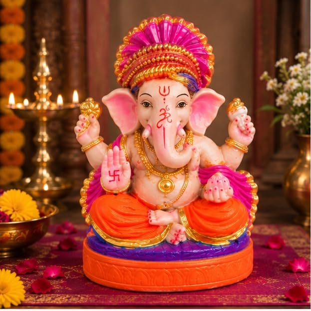 Royal Mukut Lord Ganesha Idol – (6 Inch/Colored)
