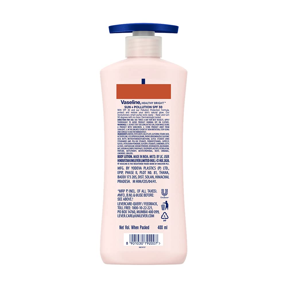 Vaseline Healthy Bright Sun Protection Body Lotion SPF 30 400 ml, Daily Moisturizer for Dry Skin, Gives Non-Greasy Glowing Skin - For Men & Women (Pack of 2) so