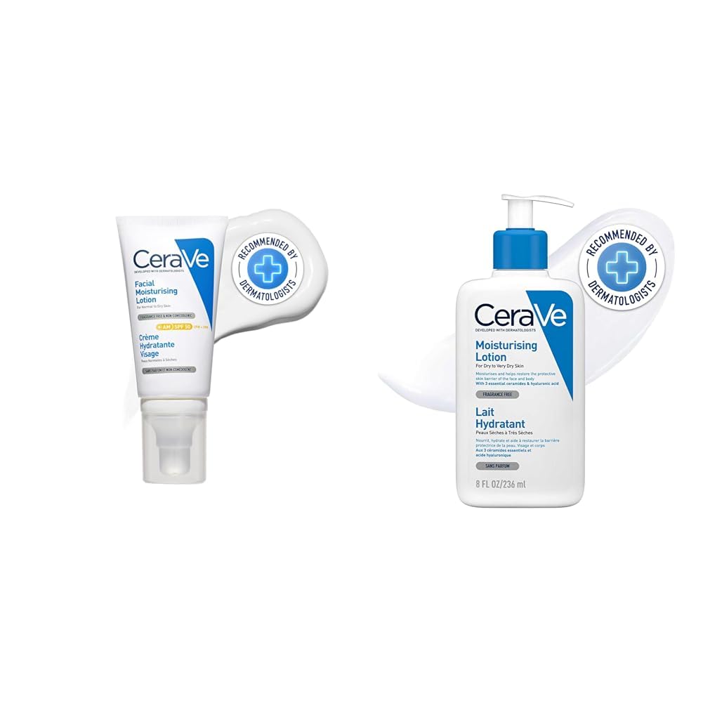 CeraVe AM Facial Moisturizer (52ml) SPF 50 and Moisturizing Lotion (236ml) with 3 Essential Ceramides & Hyaluronic Acid