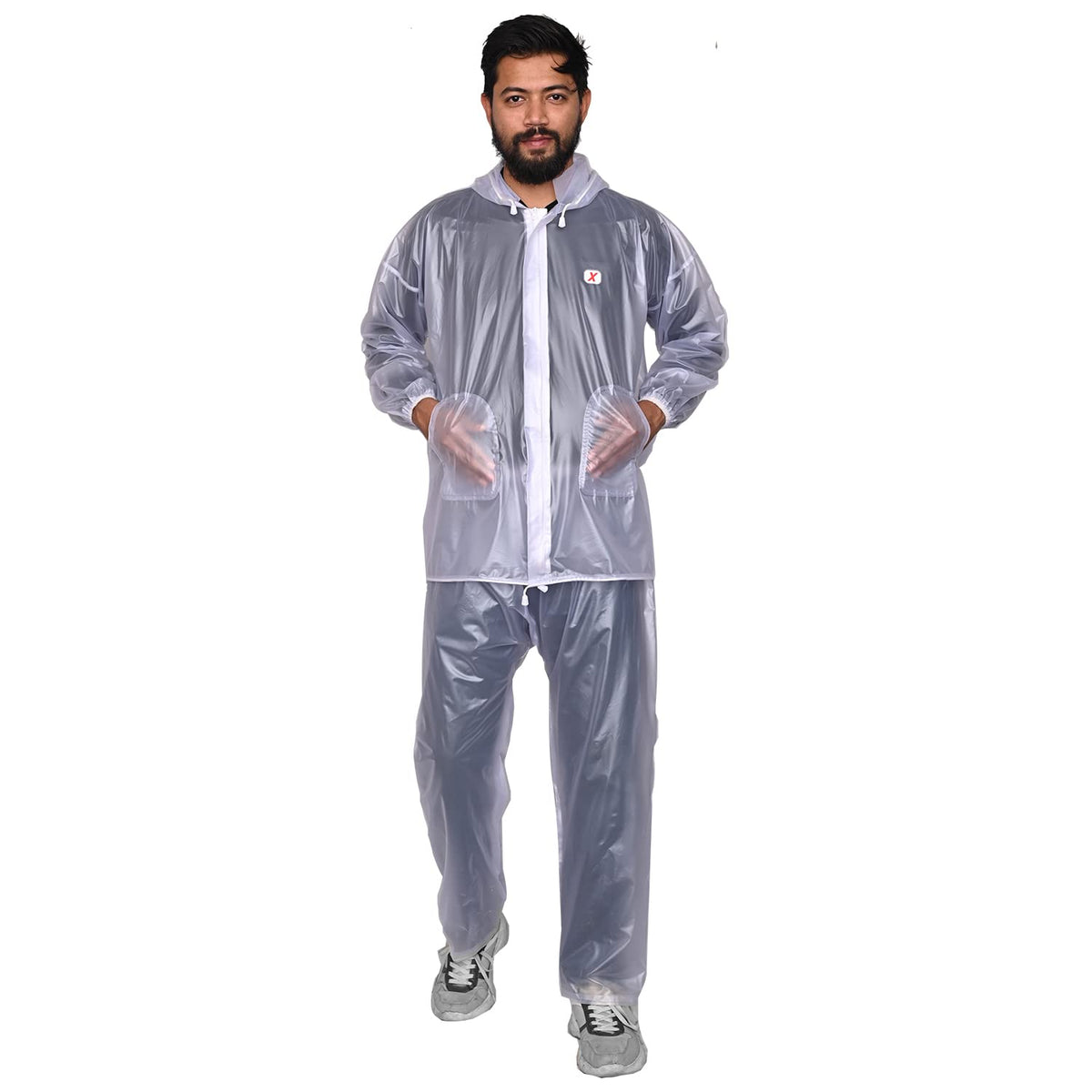 Allextreme Kinder Men Universal Raincoat, waterproof Rainsuit with Adjustable Hood, Drawstring Hem Set of Top & Bottom with Carrying Pouch (White, XXL)