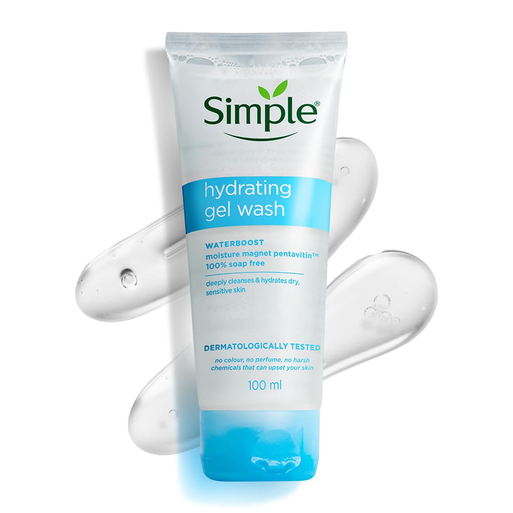 Simple Hydrating Gel Wash| 100% Soap Free | Gentle Hydrating Facewash with Pentavitin & Panthenol | Cleanser for Dry Sensitive Skin, 100 ml
