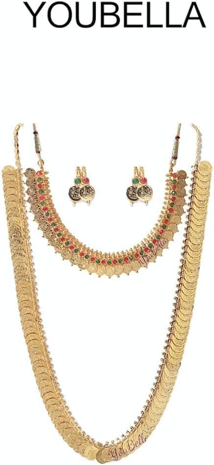 Traditional Gold Plated Long Coin Necklace Set with Red Green Choker and Earrings for Women