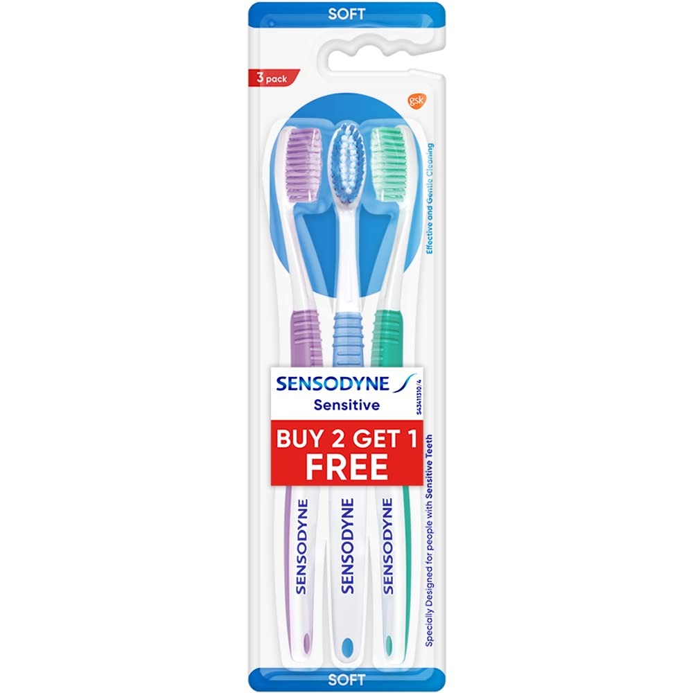 Sensodyne Toothbrush: Sensitive manual tooth brush with soft rounded bristles for adults, 3 pieces (Multicolor)