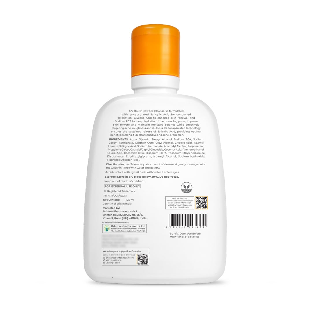 Brinton UV Doux OC Face Cleanser for Oily & Acne-Prone Skin | With Encapsulated Salicylic Acid, Glycolic Acid & Sodium PCA | Unclogs Pores, Controls Oil & Impro