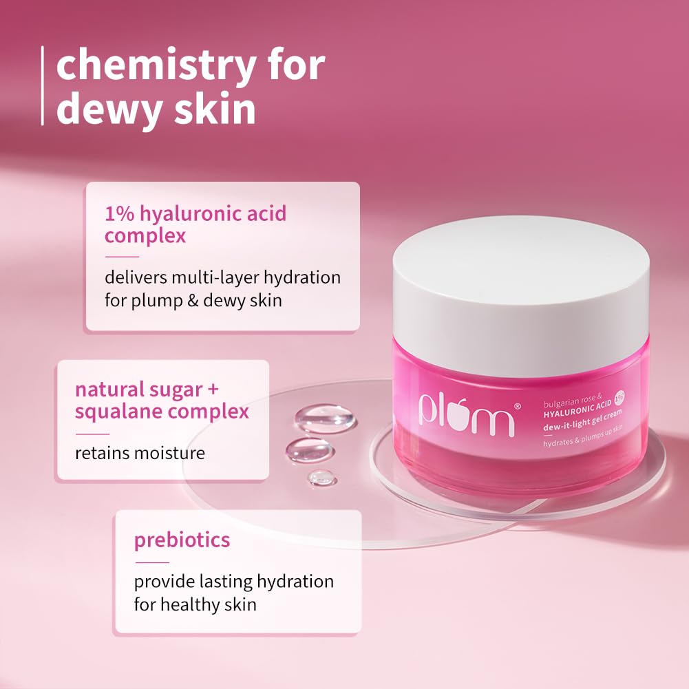 Plum 1% Hyaluronic Acid & Bulgarian Rose ​Dew-It-Light Gel Moisturizer Cream​ 50g | 120 hrs Multi-Layer Hydration | Retains Moisture | Light, Oil-Free, Non-Grea