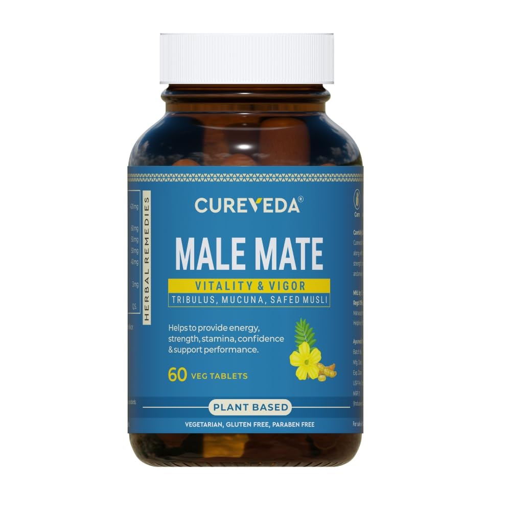Cureveda Herbal Male Mate | Testosterone Support Supplement For Men | Tribulus, Mucuna, Safed Musli | 60 tab 60 count (Pack of 1)