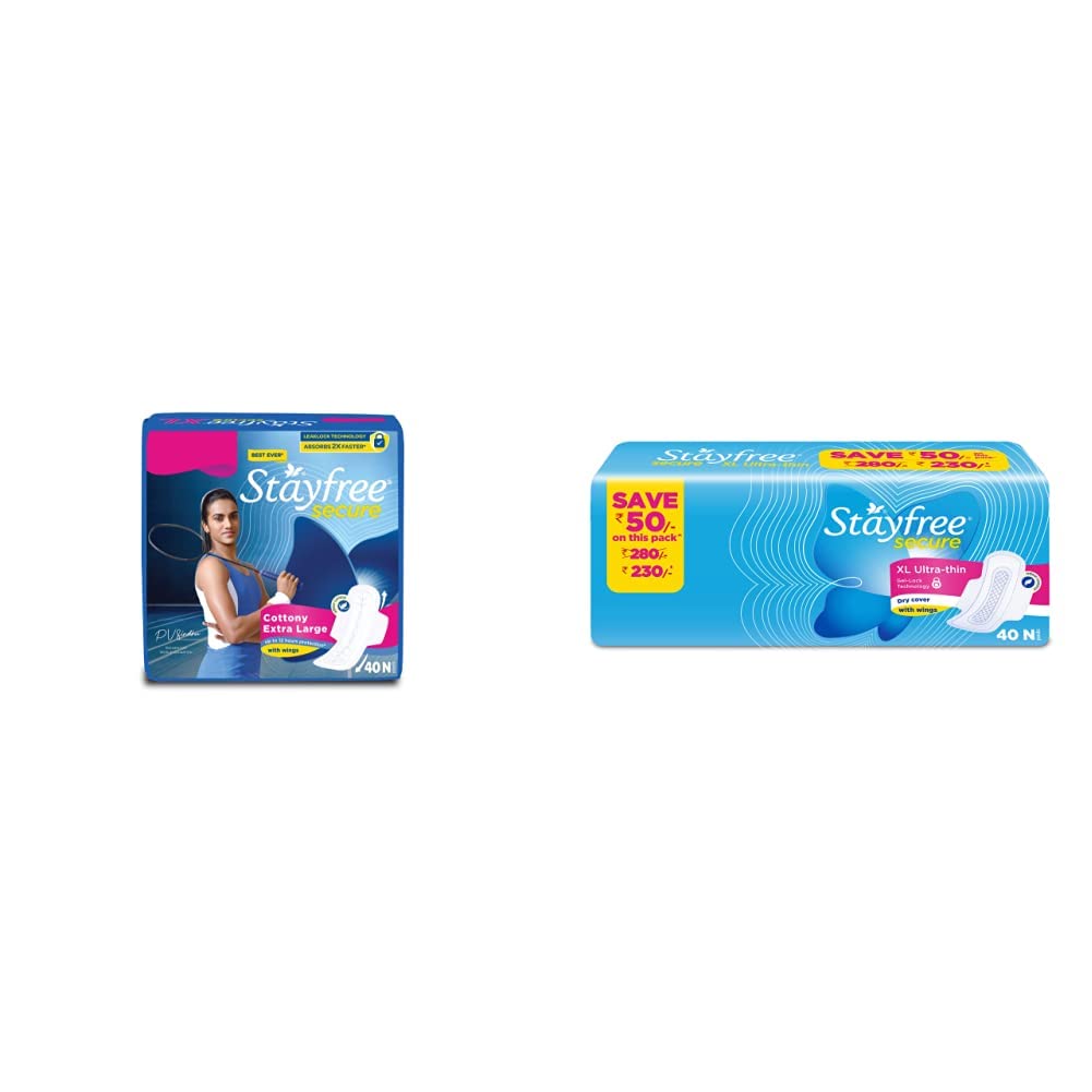 Stayfree Secure XL Cottony Sanitary napkins with Wings (40 Count) & Stayfree Secure XL Ultra Thin Sanitary napkins (40 Count)
