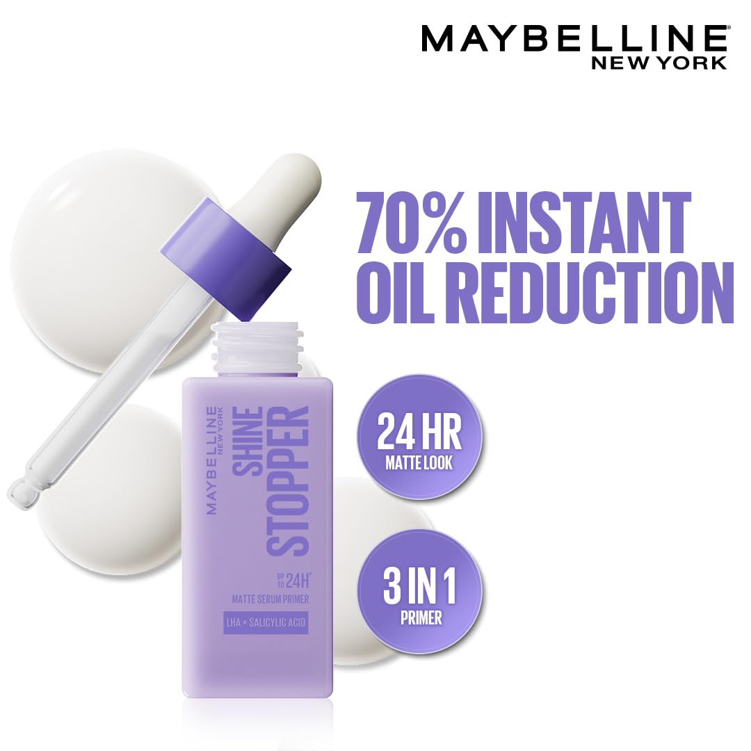 Maybelline New York Shine Stopper Primer | 3-in-1 Serum Primer for Oily Skin to Prime, Mattify, Hydrate with LHA & Salicylic Acid, 25ml