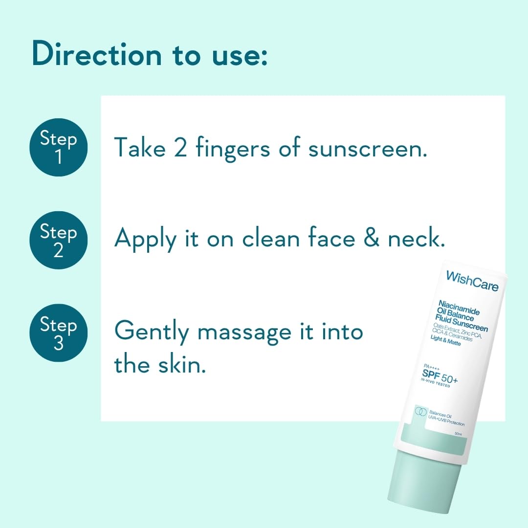 WishCare Niacinamide Oil Balance Fluid Sunscreen SPF 50 PA++++ In-Vivo Tested | 8Hrs+ SPF Protection | Lightweight, Matte & No White Cast | Photostable Sunscreen SPF 50 For Oily Skin, Sensitive, Dry & Combination Skin | For Women & Men | 50 ml