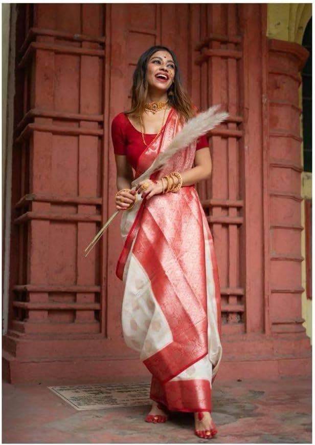Women's Birch Off-white and Red Zari Woven Kanjivaram Saree With Blouse