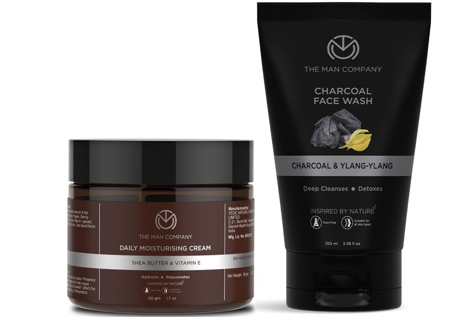 The Man Company DeTan Daily Pack with Activated Charcoal Face Wash & Daily Moisturising Face Cream | Argan, Shea Butter, Vitamin E | Deep Cleansing, Moisturizin