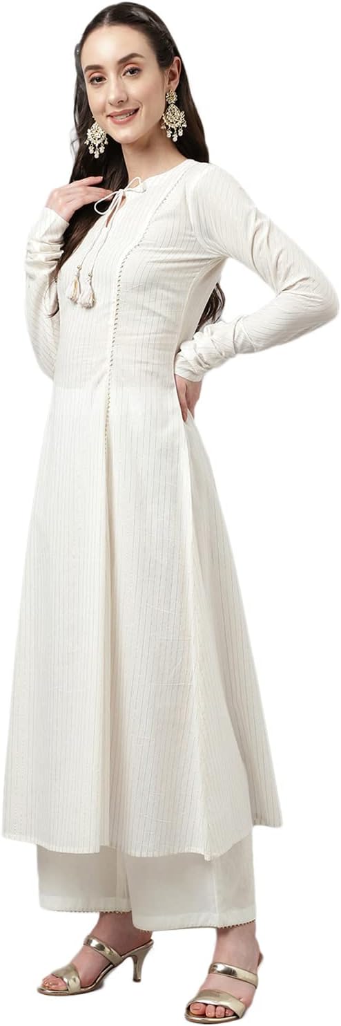 FIORRA Women's Off White Pure Cotton Flared Kurta with Palazzo and Dupatta Small Off-white