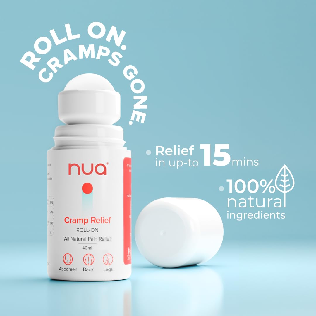 Cramp Relief Roll-On by Nua | Quick Relief | All Natural | For Abdomen, Back and Leg Pain | Absorbs Easily | Stain-free | Safe on Skin Pack of 1