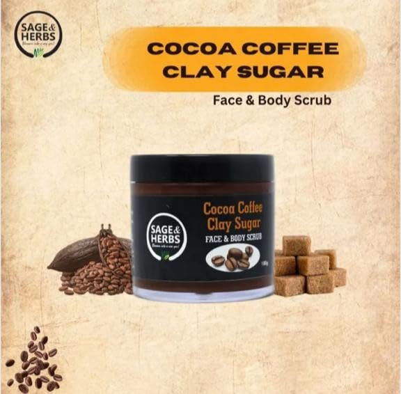 Sage & Herbs Exfoliating Cocoa Coffee Clay Sugar Face & Body Scrub | Moisturizes for Instant Soft & Smooth Skin | Remove Dead Skin Cells, Blackheads,Tan| Sulfat