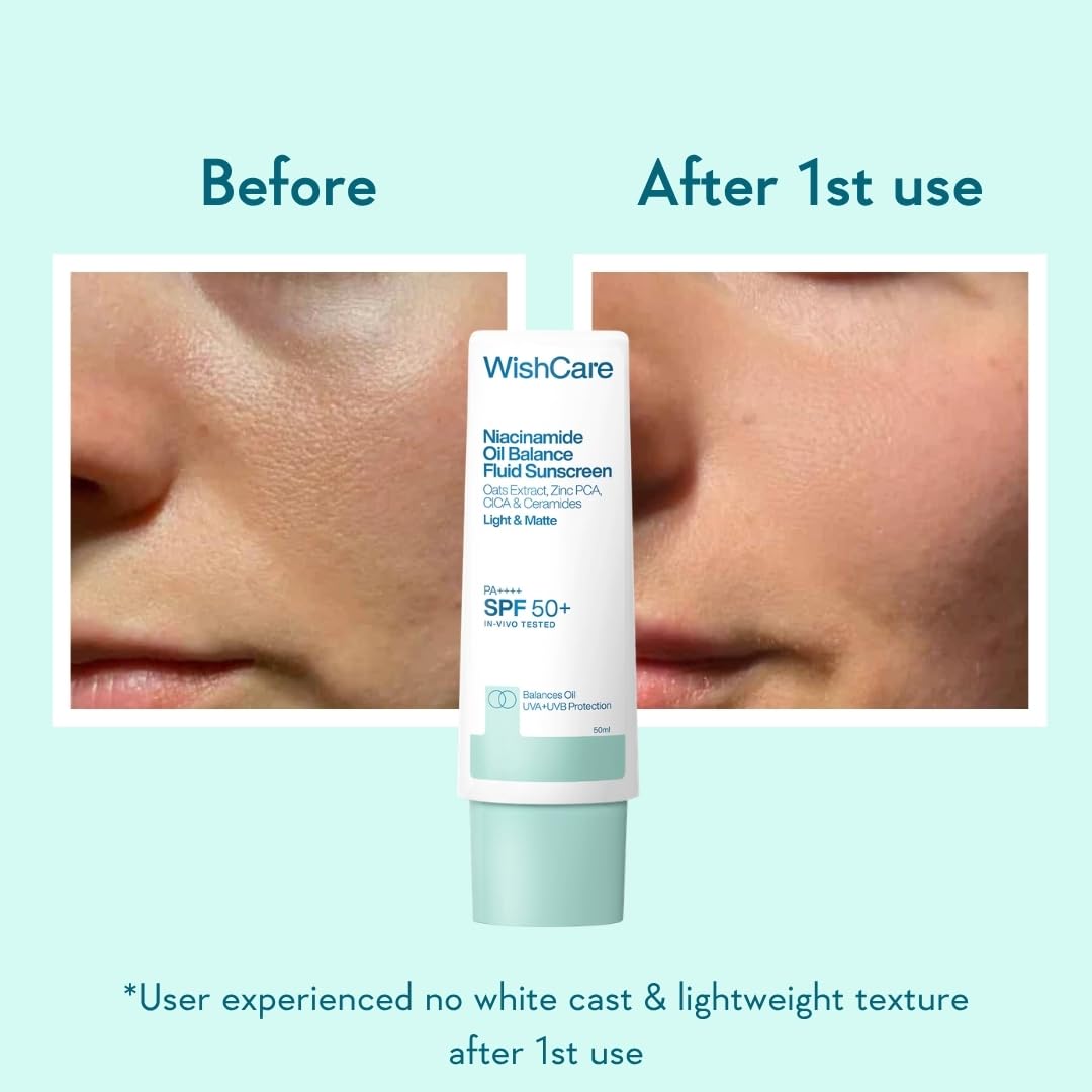 WishCare Niacinamide Oil Balance Fluid Sunscreen SPF 50 PA++++ In-Vivo Tested | 8Hrs+ SPF Protection | Lightweight, Matte & No White Cast | Photostable Sunscreen SPF 50 For Oily Skin, Sensitive, Dry & Combination Skin | For Women & Men | 50 ml
