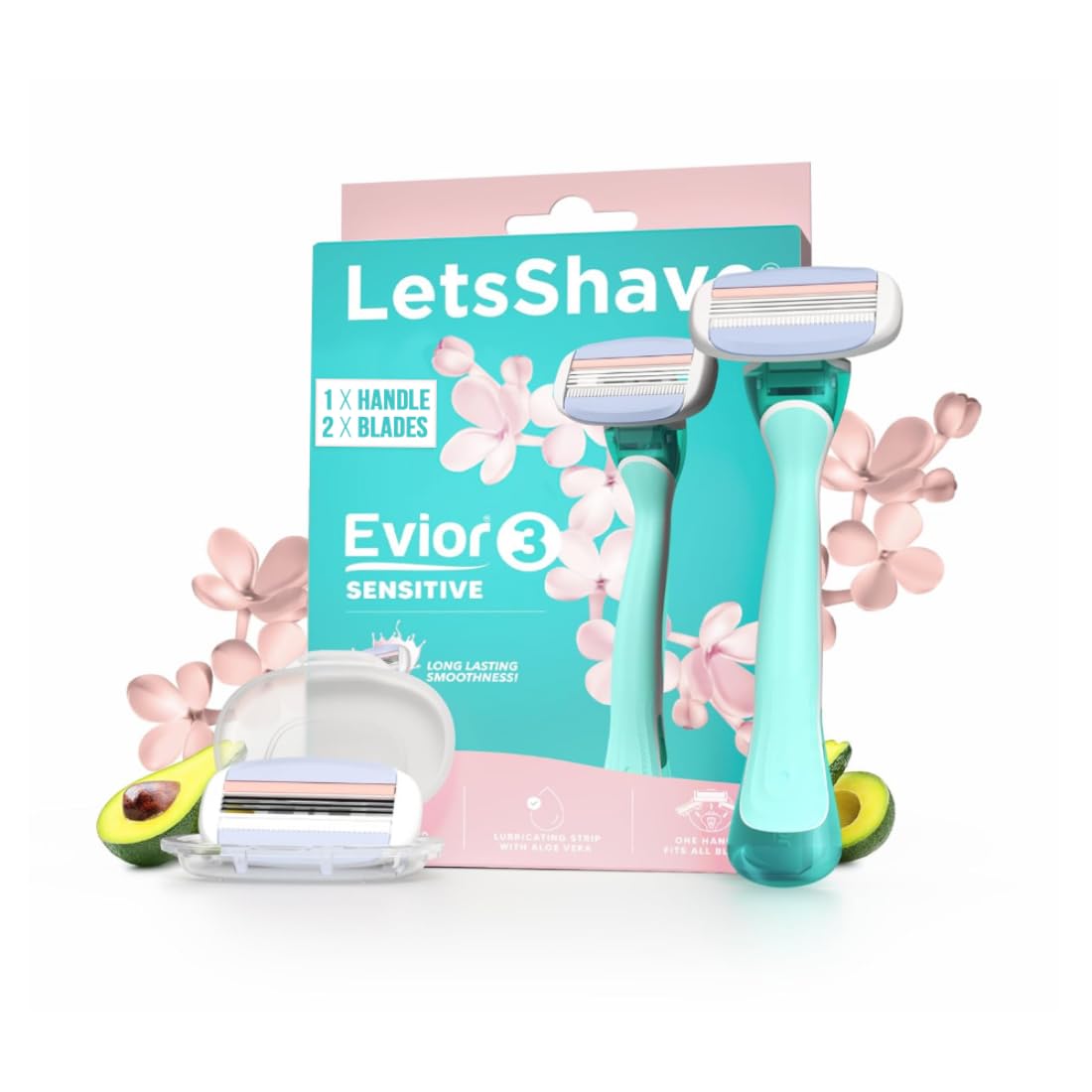 Letsshave Evior 3 Sensitive Shaving Razor for Women | 1 Handle + 2 Blades | Dual Moisture Bar with AloeVera, Vitamin E, Argan & Avocado Oils | Bikini & Underarm