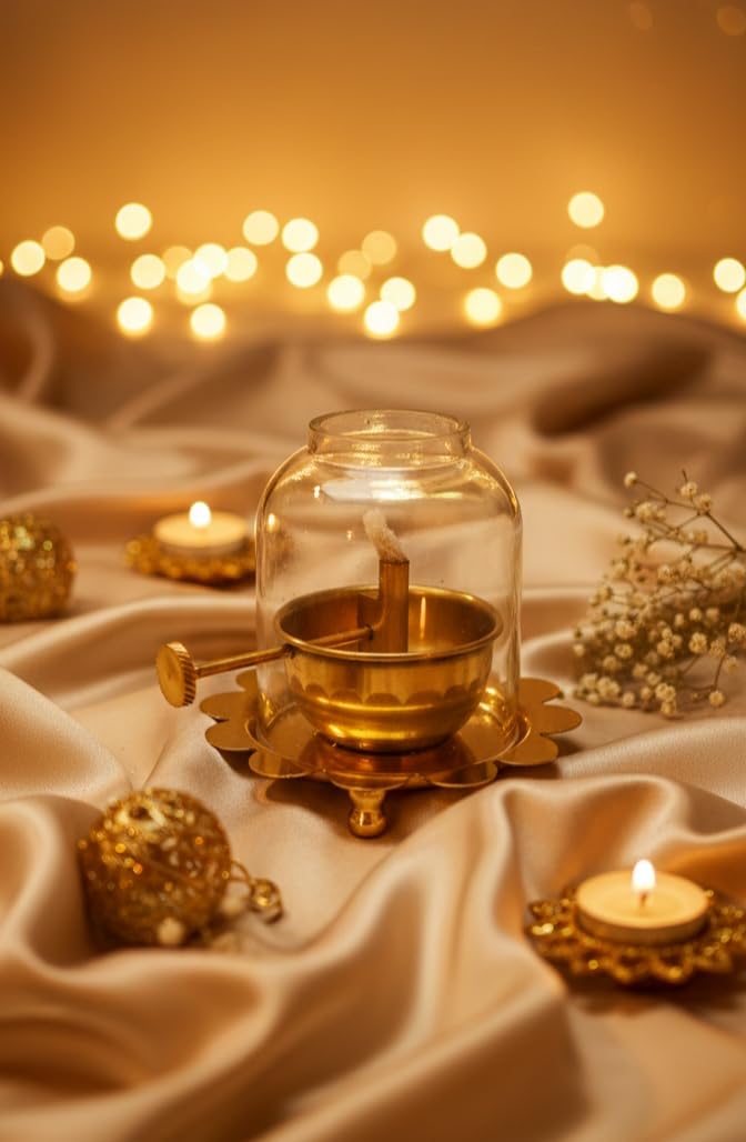 Brass Akhand Jyoti Diya Oil Lamp with Adjustable Bati Knob, Glass Cover Deep for Puja, Deepam Jyot Lamp, 30 ml Oil Capacity, Up to 12 Hours Burning, Brass Pooja