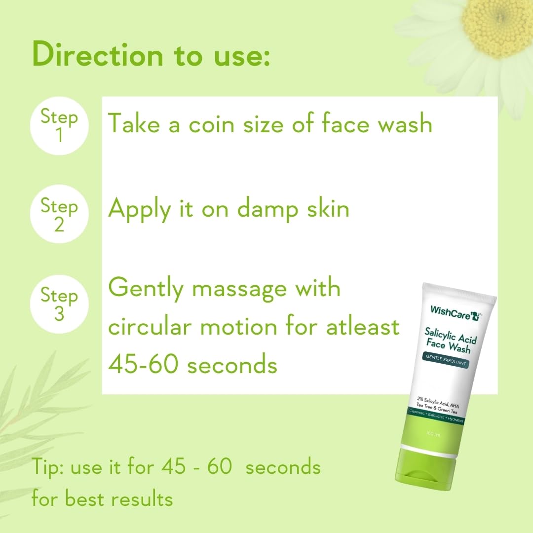 WishCare Salicylic Face Wash with AHA, Green Tea, Chamomile & Tea Tree – Gentle Cleanser for Oily Skin, 100ml