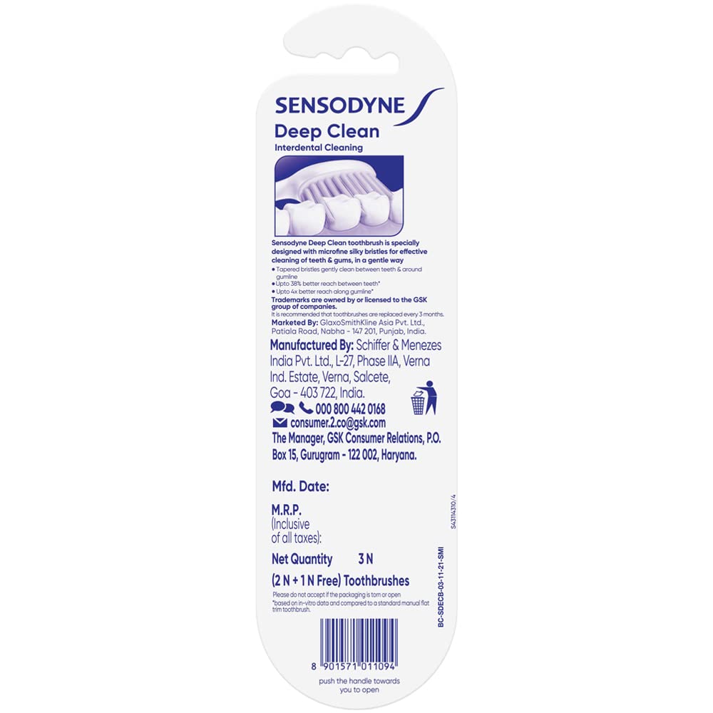 Sensodyne Deep Clean Toothbrush | Extra Soft Bristles Tooth Brush | Effective Cleaning, Gentle on Teeth, Toothbrush Set Pack of 3 (Buy 2 Get 1 Free), Multicolou