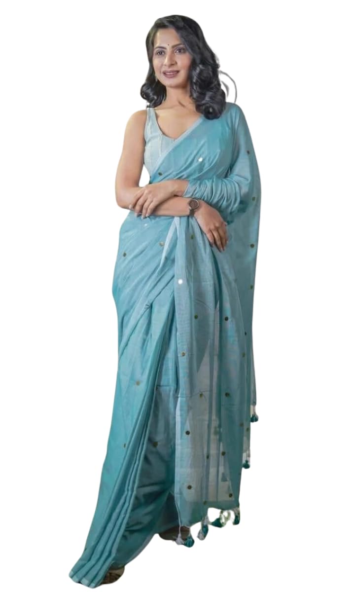 Women’s Khadi Cotton Saree with Blouse Piece | Soft Lightweight Plain Saree with Foil Butti Work Light Blue