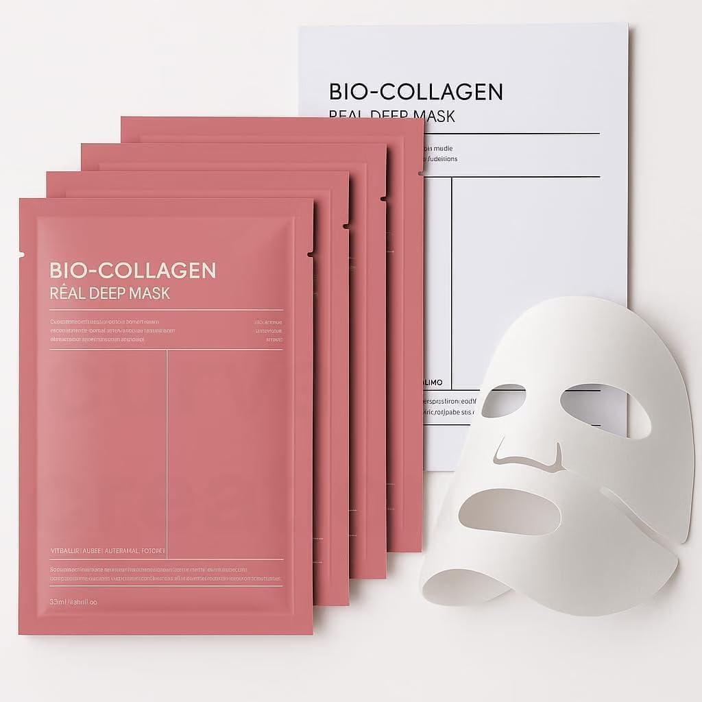(Pack of 4) Bio-Collagen Real Deep Mask | Korean Collagen Face Mask with Low Molecular Collagen & Hyaluronic Acid | Overnight Hydrating Hydrogel Mask | Pore Min