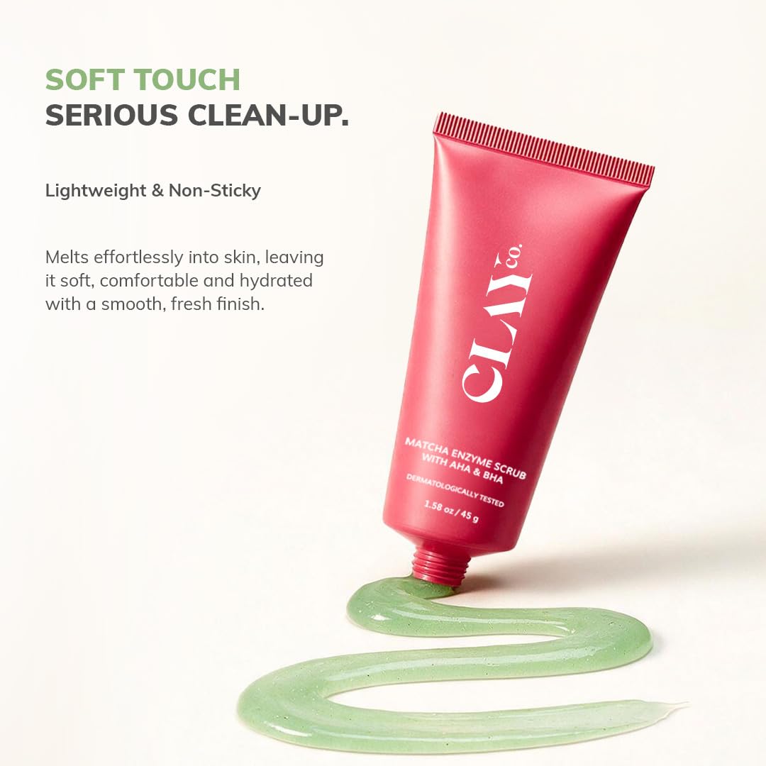 ClayCo Matcha Enzyme Face Scrub with AHA + BHA for Gentle Exfoliation, Deep Pore Cleansing, Blackhead Removal, Skin Brightening & Texture Refining for Oily, Acn