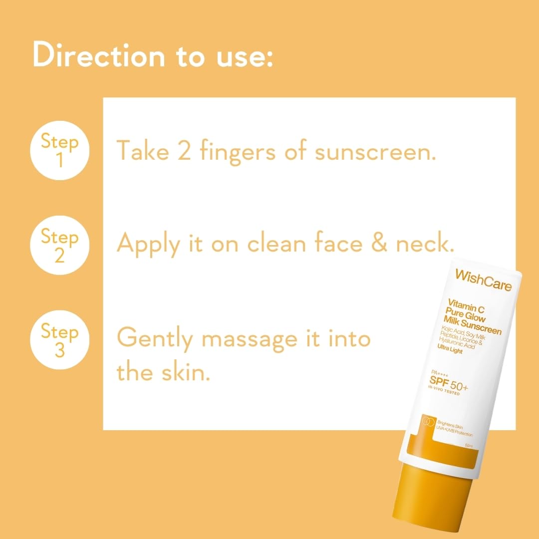 WishCare Vitamin C Sunscreen SPF 50 PA++++ | Pure Glow Milk | Oil Free | No White Cast | 50g